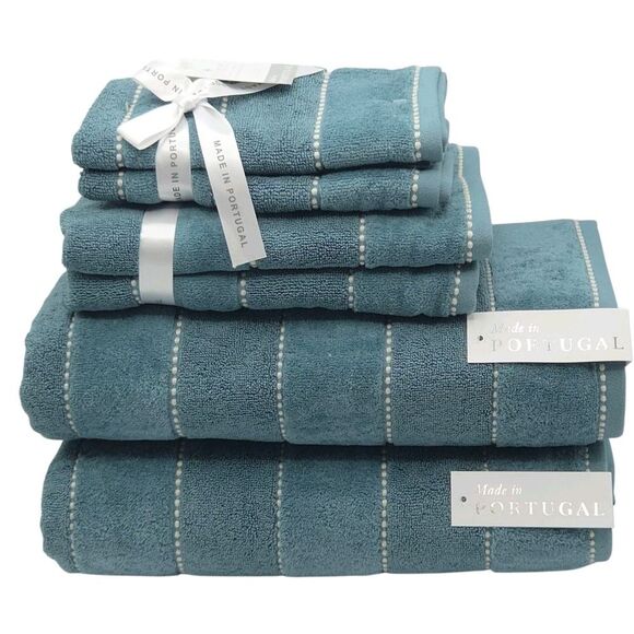 Felpinter 6pc 100% Cotton Towels Set Dark Aqua Stitched Stripe Made in Portugal - Picture 5 of 11